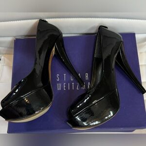 Stuart Weitzman Peep Toe Platform Stiletto Black Patent Leather 5” w/box & cover